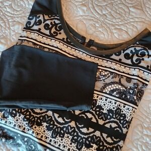Unique Worthington Woman Black White Lace Print Faux Leather Trim Long Sleeve 3X